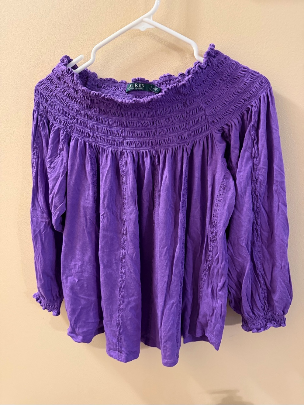 Lauren Ralph Lauren Purple Smocked Off-Shoulder Blouse size L